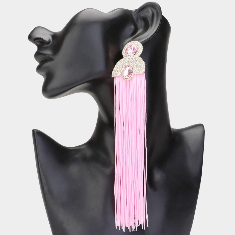 Super Long Pink Oval Stone  Fringe Tassle Earrings 7 inches long